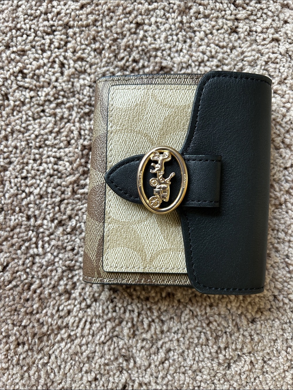 Coach Black Leather and Tan Signature Trifold Card Case with Gold Emblem